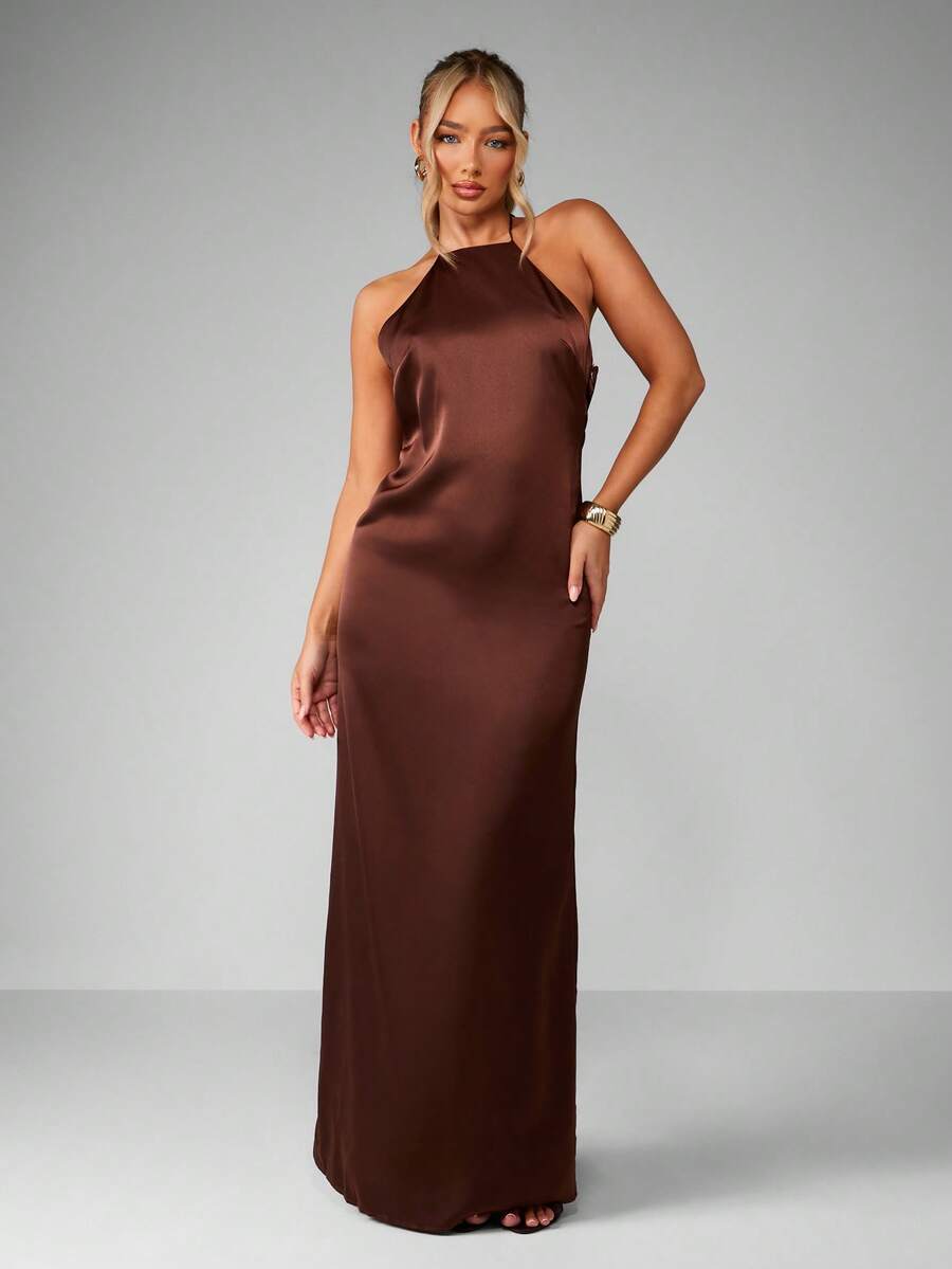 missguided brown satin dress Missguided Dresses | Nwt Missguided Satin Mocha Brown Halter Neck Maxi Slit Dress Womens Us 8 | Color: Brown | Size: 8