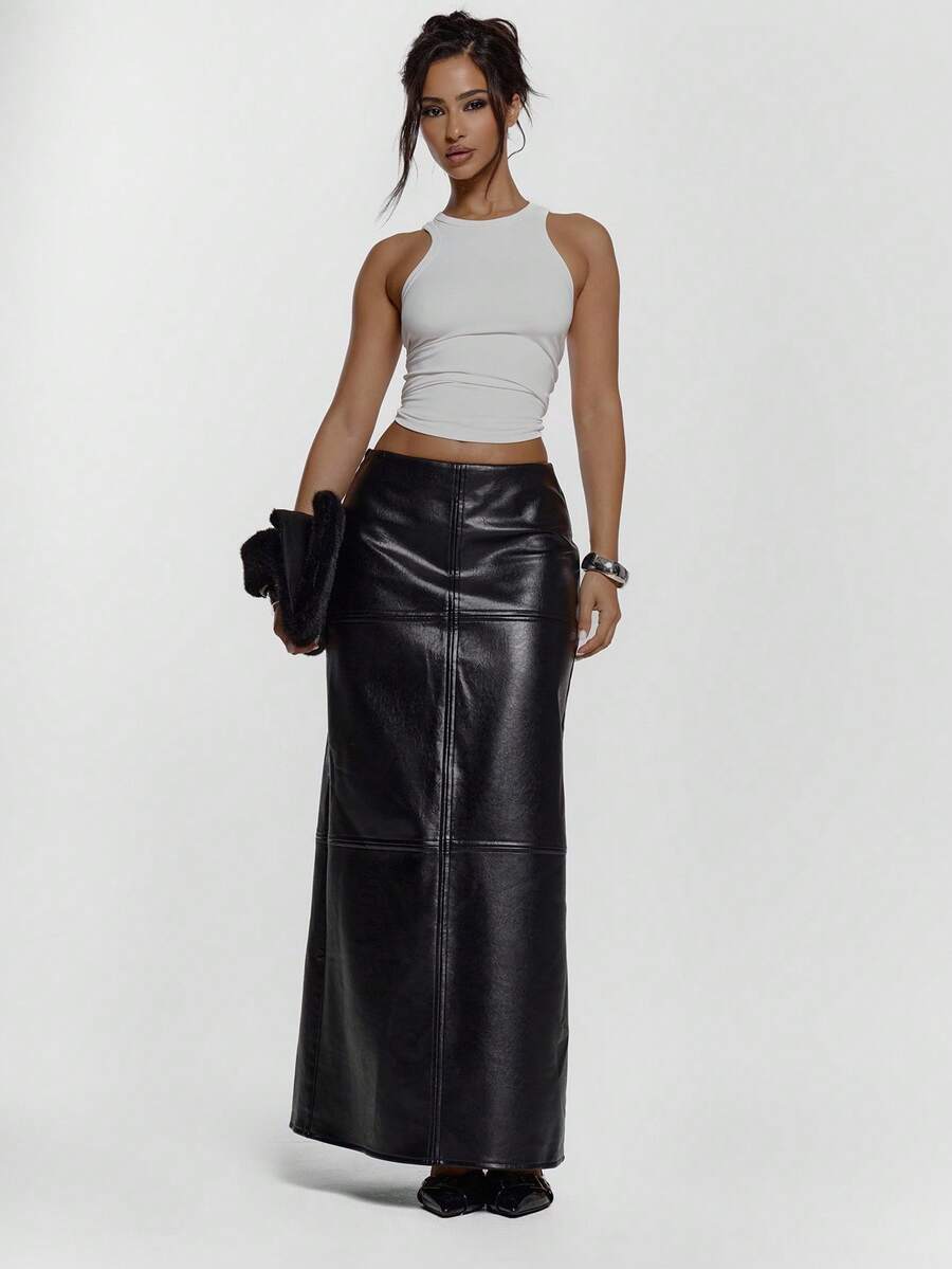MUSERA Faux Leather Panel Straight Fit Maxi Skirt Sexy Going Out Autumn Fall Night Out Winter Cute Streetwear Feraux   Thanksgiving