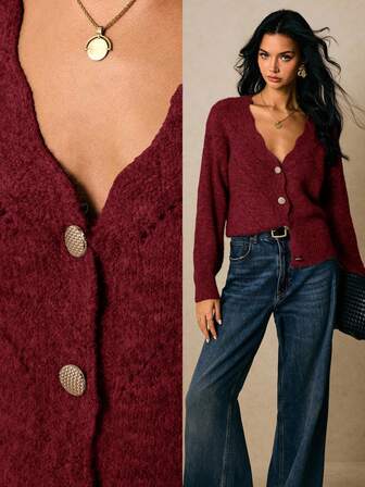 Poéselle 秋冬女士纯色拱形V领长袖单排扣针织开衫