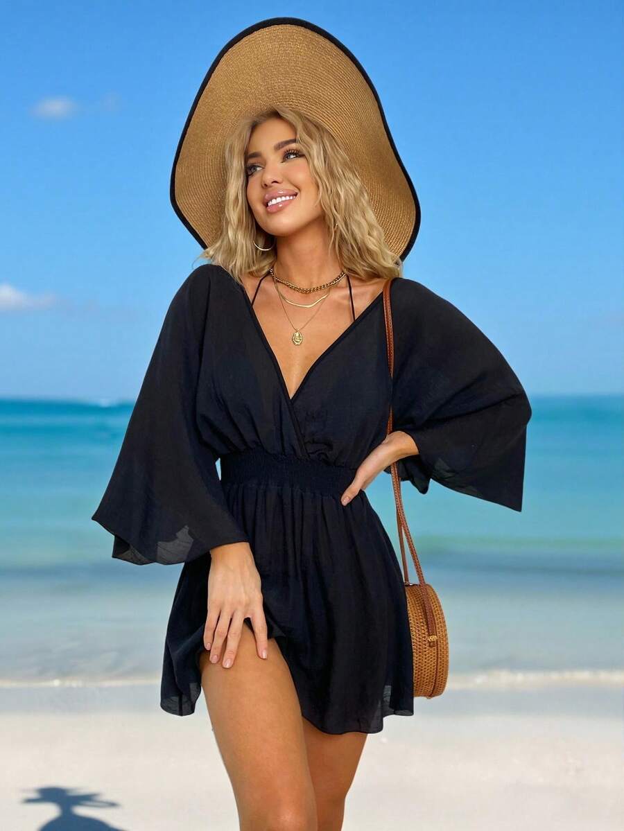 Swim Lushoire Solid Wrap Detail Flare Sleeve Cover Up,Summer Beach - Black - View 1