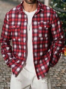 Manfinity CasualCool 男士纽扣前长袖格子夹克，休闲日常装，秋季男装，冬季男士夹克，保暖夹克，格子衬衫 - 紅色 - 查看 1