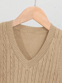 SHEIN 青少年男孩宽松休闲扭花针织背心，价格实惠的秋冬女孩服装 - 卡其色 - 查看 6