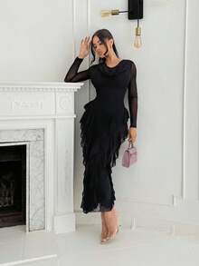 Shopreo Women's Elastic Net Flared Collar Ruffled Hem Fitted Elegant Dress, Spring/Summer - Black - View 1