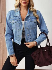 EMERY ROSE 女式休闲单排扣牛仔夹克，带口袋，秋季 - 藍色 - 查看 6