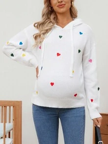 SHEIN 孕妇休闲心形刺绣抽绳连帽落肩毛衣，秋冬