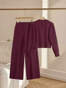 Franclia 2pcs/Set Women Casual Loose Knit Sweater & Pants Loungewear Set, Comfortable & Minimalist Design - Burgundy - View 2