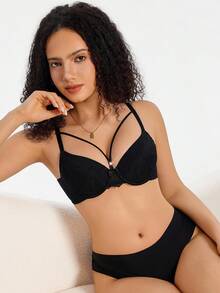 SHEIN 1 件浪漫性感蕾丝拼接提升支撑钢圈女士文胸 - 黑色 - 查看 5