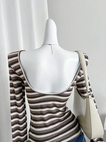 SHEIN LUNE Women's Striped Round Neck Long Sleeve Casual Backless T-Shirt - Multicolor - View 5