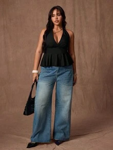 Rustia 大码女式性感黑色露背吊带上衣 - 黑色 - 查看 7