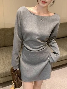 DAZY Đầm dự tiệc tay dài hở lưng màu trơn, ôm eo, trang trí nơ, thanh lịch dành cho nữ, mùa thu/đông - Xám - Xem 5