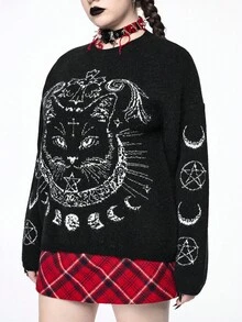 ROMWE Chandail ample de style gothique avec motif de lune et de croix pour Noël, grande taille. Chandail à manches longues pour l'automne/hiver pour femmes de grande taille. Chandail ample à motif de chat, de lune et d'étoiles gothique mignon pour femmes de grande taille. Chandail pour femmes de grande taille - Noir - Voir 2