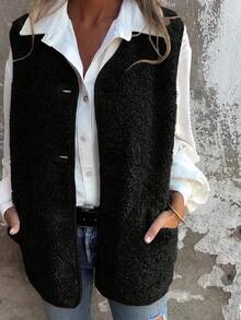 INAWLY Áo khoác vest cài nút lông cừu thường dành cho nữ, Thu/Đông - màu đen - Xem 3