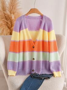 CosyJoli Cárdigan de mujer talla grande con mangas raglán, estampado de bloques de color y rayas, para uso casual y diario en otoño/invierno - Multicolor - Ver 3