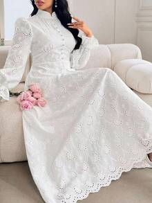 Modelyn Plus Size Women French Style Mandarin Collar Embroidered Puff Sleeve Dress Fall - White - View 1