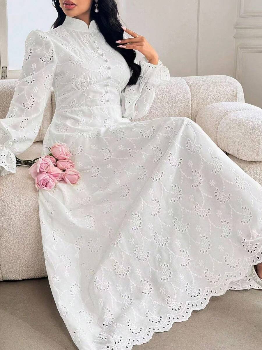 Modelyn Plus Size Women French Style Mandarin Collar Embroidered Puff Sleeve Dress Fall - White - View 1