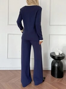 DAZY 女士宽松商务休闲优雅开衫针织上衣和喇叭裤两件套，秋冬 - 藏蓝色 - 查看 2