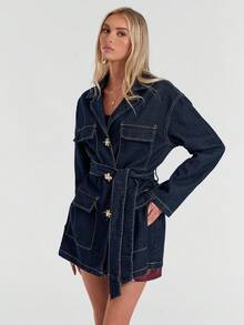 Avantive Blue Denim Jacket With Metal Buttons Fall Winter Christmas New Year Women Elegant Casual Thanksgiving Church Women Autumn Winter Belted Denim Jacket Christmas Elegant Denim Jacket With Belt Denim Shacket - Dark Wash - View 3