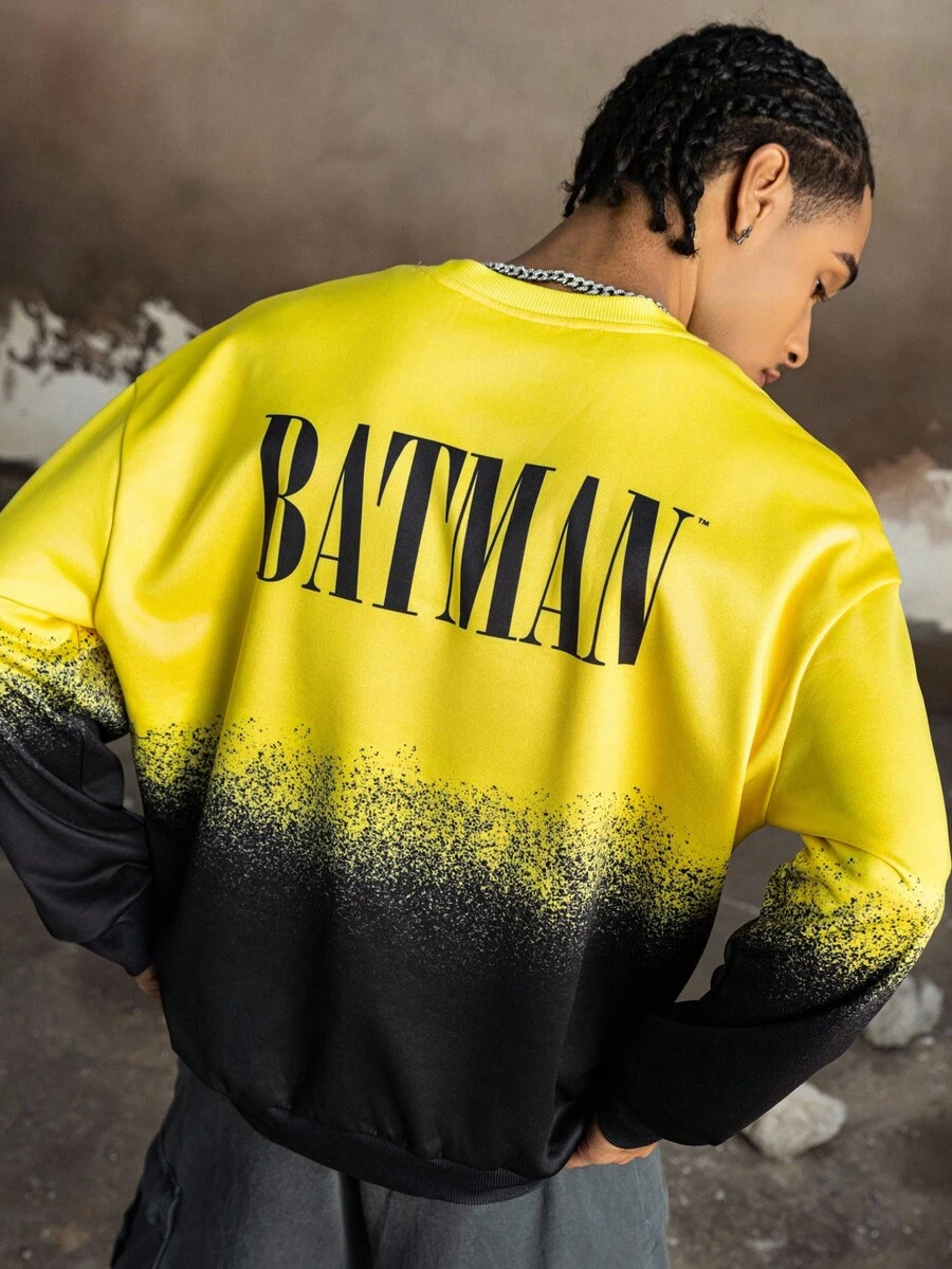 BATMAN X SHEIN Men's Casual Contrast Color Bat Letter Graphic Crew Neck Sweatshirt, Autumn, Long Sleeve Top