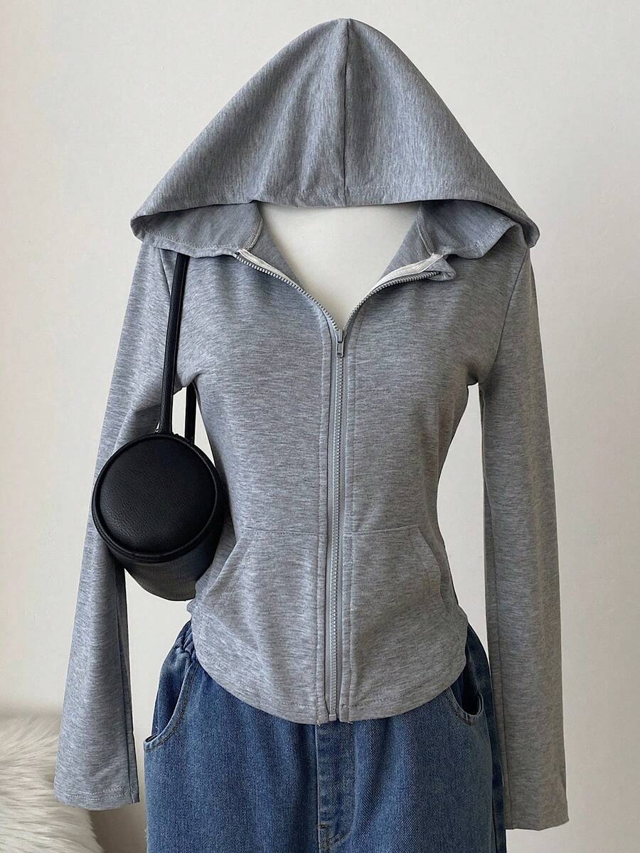 Teen Girl Casual Slim Fitted Knitted Zip Up Sweatshirt, Suitable For Back To School Season, Korean Style Fall Winter - Grey - View 1