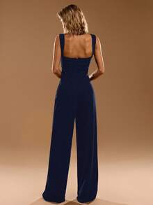 SHEIN BAE 优雅的黑色无袖连体裤，阔腿连体裤，百搭的日常外出装，适合约会、派对、活动 - 藏蓝色 - 查看 2