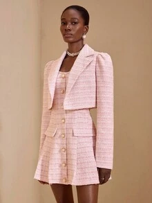 JIAN LASALA 多色斜纹软呢尖领长袖短款夹克，女士秋季优雅粉色早午餐装，商务休闲装，优雅外套，特殊场合必备，奢华时尚系列 - 粉色 - 查看 5