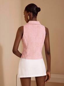 JIAN LASALA 粉色粗花呢披肩领纽扣无袖背心外套，女士秋冬优雅背心，泡泡纱女士度假装，2025年办公室工作上衣，女士特殊场合奢华时尚系列 - 淺粉色 - 查看 2