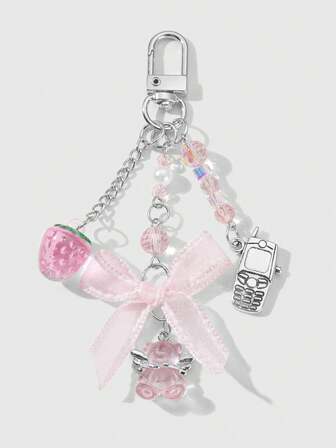 Kawaii 1 pieza Llavero minimalista y elegante con cadena de corazón hueco plateado, lazo transparente rosa y colgante de oso de peluche con perla falsa, para uso diario o como regalo para mujeres y niñas