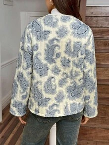 LanaWest 女式杏色底蓝色花卉印花缝线三合一圆领前开金属拉链设计口袋蝙蝠袖休闲乡村度假风格宽松冬季夹克 - 藍色 - 查看 2