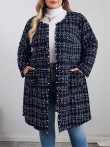 SHEIN CURVE+ Curve 大码/秋装/秋季女装/女冬装/冬装大码女式冬季夹克，仿粗花呢图案前开长袖外套，配珍珠纽扣和口袋，大码女装 8xl 大码外套，大码冬季外套，大码粗花呢外套，女士秋装，冬季，CURVE PLUS/秋季/冬季 - 藏蓝色 - 查看 3