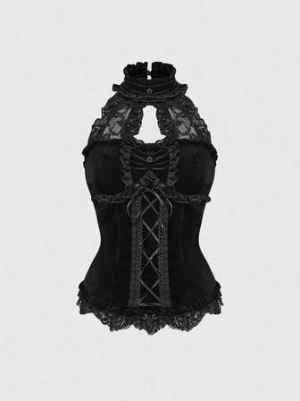 Fairycore Elegantes Gothic-Oberteil mit Stehkragen, Samt- und Spitzenpatchwork, Bindung in der Taille für Damen