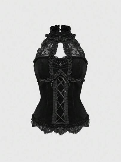 Fairycore Camiseta de mujer con cuello alto de terciopelo y encaje, con parches y lazo en la cintura, de estilo gótico elegante