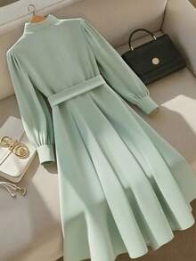 GlowEve Women's Elegant Crew Neck Pleated Front A-Line Midi Dress, Waist Cinched, Casual Commute Fashion, Green Long Sleeve - Pastel Green - View 2