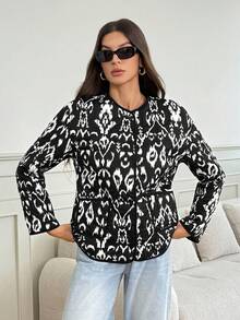 SHEIN Tall 女士冬季时尚全印花通勤夹克 - 黑色 - 查看 7