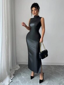 SHEIN Elenzya 新款女式立领无袖弹力皮革面料后腰带蝴蝶结侧开衩性感修身长裙，优雅适合秋冬季约会、聚会、外出 - 黑色 - 查看 7