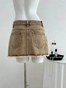 Elamini Women's Casual Washed Frayed Denim Mini Skirt - Khaki - View 2