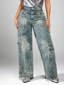 Radiana Jeans de mujer estilo cargo, rapero, lavados y con efecto desgastado - Neblina azul - Ver 1