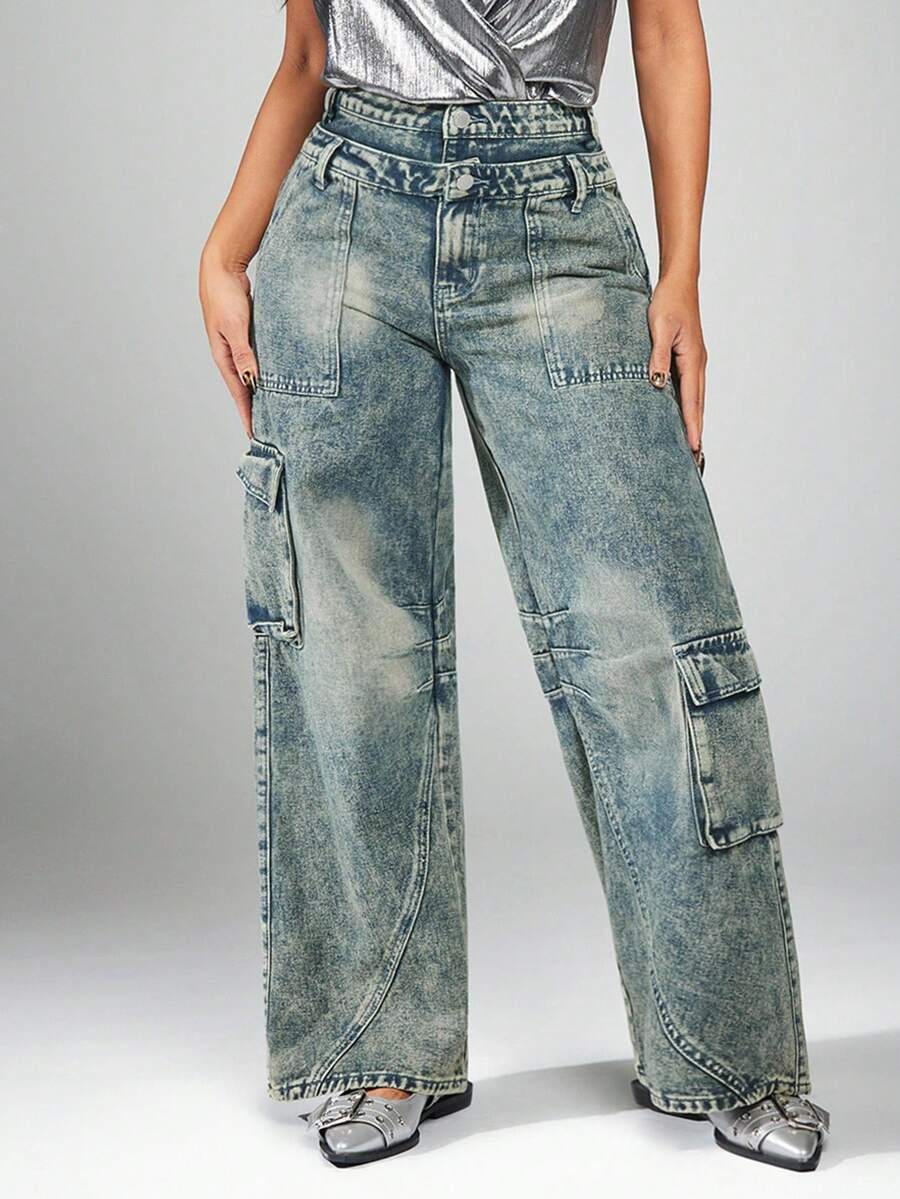 Radiana Jeans de mujer estilo cargo, rapero, lavados y con efecto desgastado - Neblina azul - Ver 1