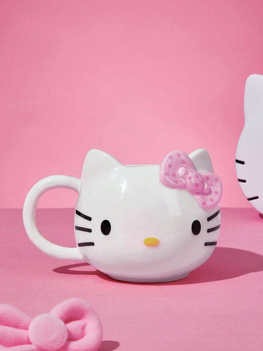 HELLO KITTY AND FRIENDS | SHEIN 420ml 3d 蝴蝶结猫头陶瓷杯 - 白色 - 查看 1