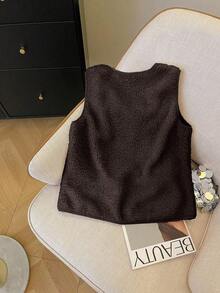 Resyla Women's Solid Color Minimalist Design Sleeveless Pocket Short Jacket, Versatile For Autumn/Winter - Brown - View 2