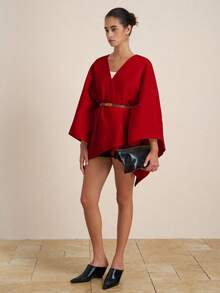 Airaco Women's Fashion Simple Solid Color Flared Sleeve Asymmetrical Hem Loose Jacket - Red - View 3