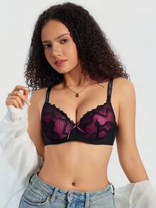SHEIN 1pc Sexy Lace Patchwork Sheer Minimalist Lift & Support Wireless Bra For Small Bust - Multicolor - View 8