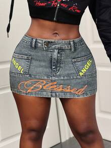 BamGleam bunter bedruckter Damen Jeans Minirock mit Tasche - Dunkle Waschung - Übersicht 8