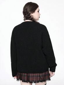 ROMWE Pullover gothique grande taille motif croix serpent latin symbole étoile lune noir, Top de style gothique de rue grande taille pour l'automne/hiver en noir, pullover tricoté grande taille à manches longues en noir, gilet tricoté grande taille pour l'automne/hiver, vêtements grande taille pour femmes pour Halloween, Noël, vacances, style gothique, décontracté, streetwear, pull grande taille pour femmes - Noir - Voir 3
