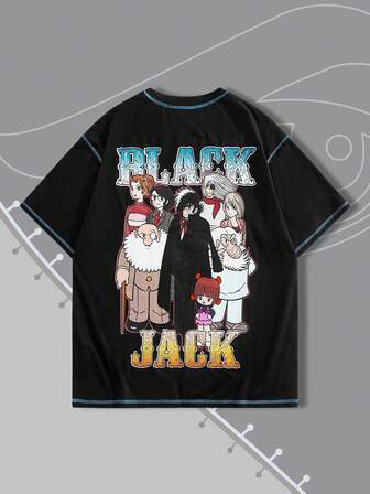 Black Jack X ROMWE T-shirt à manches courtes pour homme, décontracté, à la mode, imprimé personnages de dessins animés et lettres, coutures contrastées, été