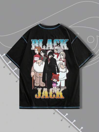 Black Jack X ROMWE Men's Casual Fashionable Street Cartoon Character & Letter Print Contrast Stitch Short Sleeve T-Shirt, Summer