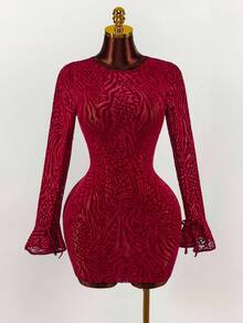 Amplova Váy ngắn nữ, họa tiết da báo, hở lưng gợi cảm, tay lưới mỏng, xẻ tà phía trước, thu/đông - Đỏ - Xem 7