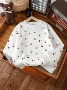 SHEIN 少女樱桃印花长袖圆领运动衫，舒适休闲，适合秋冬季，生日/毕业礼物 - 白色 - 查看 3