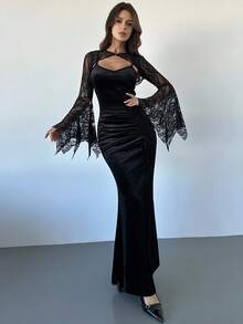 Firerie Damen Gothic elegantes Spitzenkleid mit Fledermausärmeln, geraffter Tunnelzugbund, Meerjungfrauensaum, Samtgewebe, Schwarz, geeignet für Halloween - Schwarz - Übersicht 4