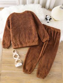 SHEIN 2 件套 Tween Boy 熊猫印花圆领长袖上衣和柔软羊毛睡裤套装，舒适家居睡衣，秋冬 - 棕色 - 查看 3