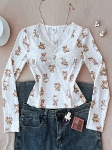 Tween Girls Lace Bow Bear Graphic Tight Fit Long Sleeve T-Shirt, Comfortable For Autumn/Winter, Party, Street, Back To School Girls Bear Top Baby Doll Top Teddy Bear Shirt Teddy Bear Long Sleeve Cute Tops Women - Multicolor - View 6